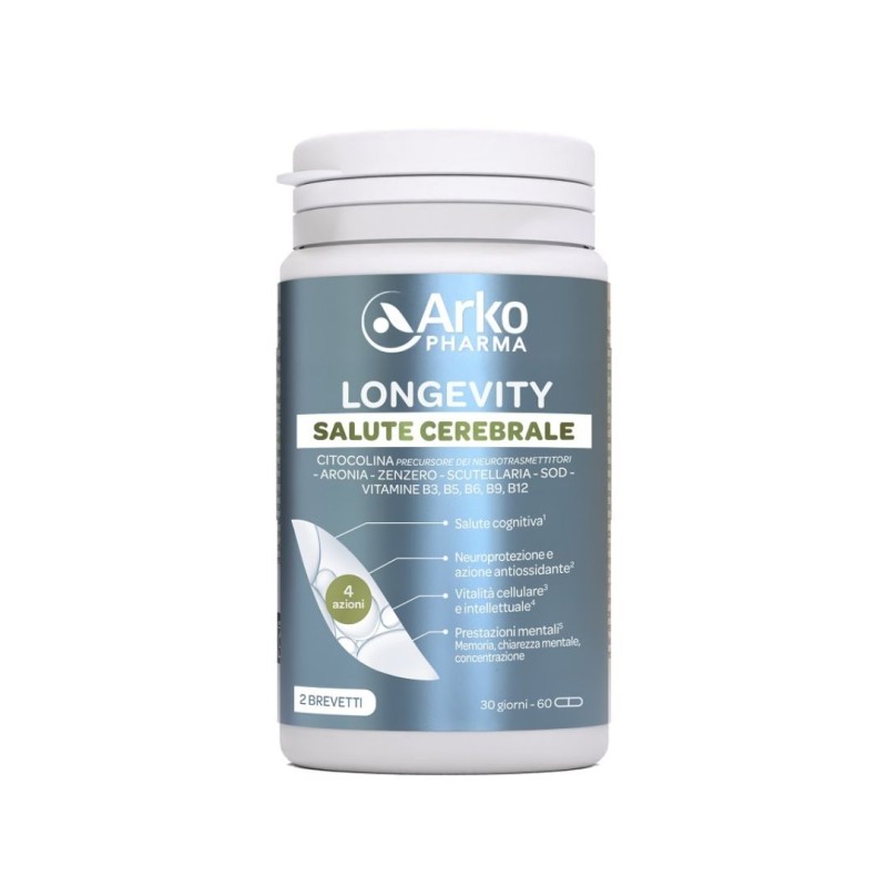 Confezione di Arkopharma Longevity Salute Cerebrale Integratore per il Benessere Neurologico 60 Capsule
