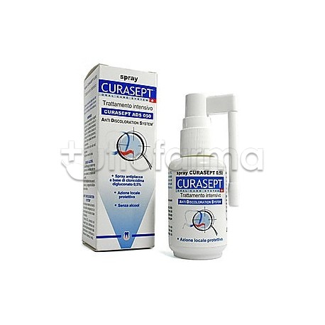 Confezione esterna e flacone di Curasept ADS Spray Antiplacca con Clorexidina 0,50 30 ml