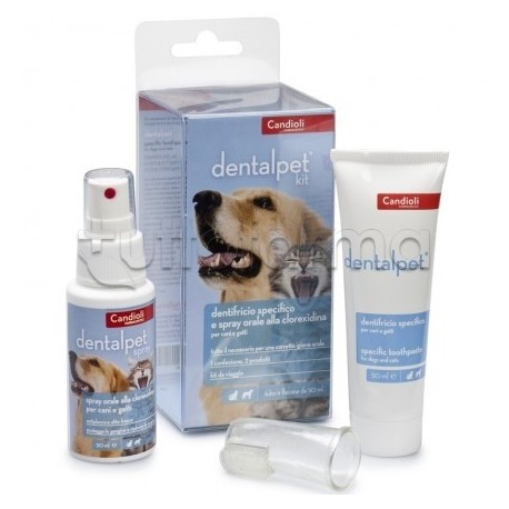 DentalPet Kit per Cani e Gatti Dentifricio 50ml + Spray 50ml + Ditale