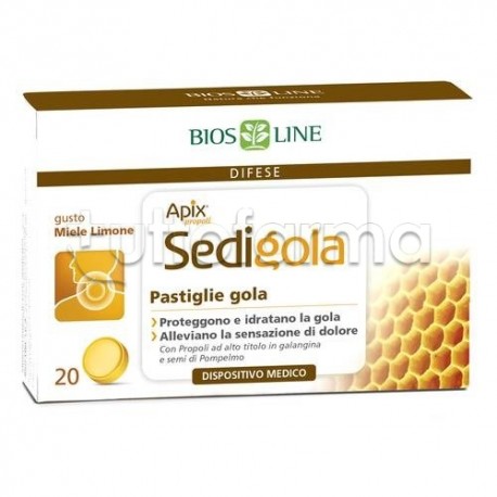 BiosLine Sedigola Apix per il Mal di Gola 20 Pastiglie Miele/Limone