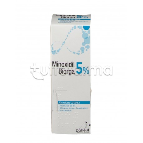 Minoxidil 5% Biorga soluzione cutanea - confezione con flacone da 60 ml con applicatore spray e applicatore con estensione