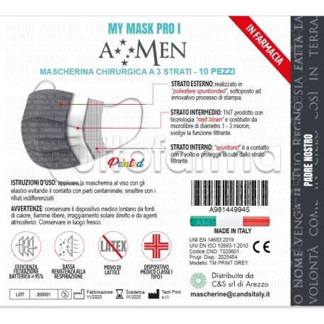 Mascherina Chirurgica Monouso a Triplo Strato Amen Stampa Padre Nostro- Confezione 10 Pezzi - 40 Centesimi a Mascherina