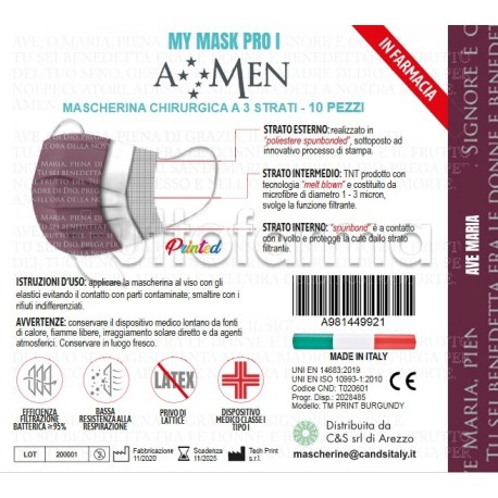 Mascherina Chirurgica Monouso a Triplo Strato Amen Stampa Ave Maria - Confezione 10 Pezzi - 40 Centesimi a Mascherina