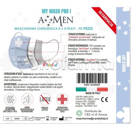 Mascherina Chirurgica Amen per Bambini Monouso a Triplo Strato Angelo Sky - Confezione 10 Pezzi - 40 Centesimi a Mascherina