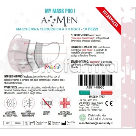 Mascherina Chirurgica Amen per Bambini Monouso a Triplo Strato Angelo Rosa-Confezione 10 Pezzi - 40 Centesimi a Mascherina