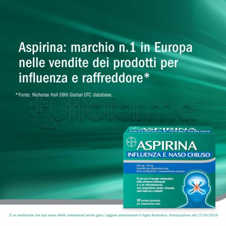 Aspirina Influenza e Naso Chiuso per Influenza e Raffreddore 20 Bustine