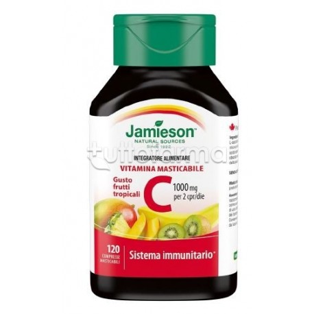 Scatola con Jamieson Vitamina C Frutti Tropicali Integratore per Sistema Immunitario 120 Compresse Scatola con Jamieson Vitamina C Frutti Tropicali Integratore per Sistema Immunitario 120 Compresse
