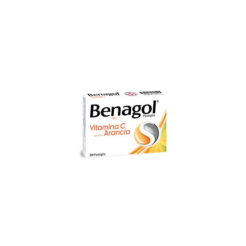 confezione di Benagol Vitamina C Gusto Arancia per Mal di Gola 36 Pastiglie