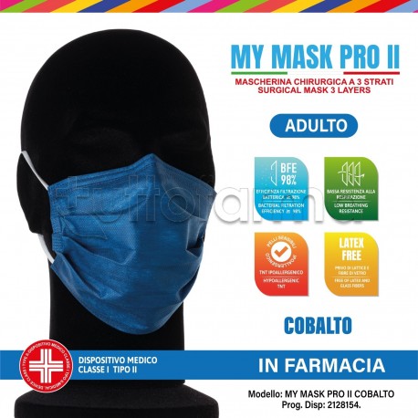 Mascherina Chirurgica Monouso a Triplo Strato My Mask Pro Cobalto - Confezione 10 Pezzi - 20 Centesimi a Mascherina