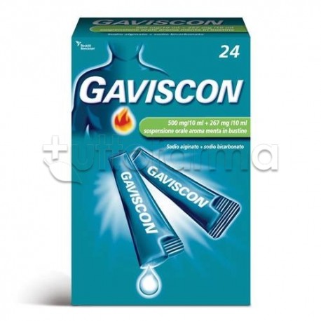 Confezione di Gaviscon 24 Bustine Antiacido Aroma Menta 500 + 267 mg/10 ml per Bruciore di Stomaco e Reflusso