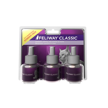confezione di Feliway Classic 3 ricariche per benessere e tranquillità del gatto Blister 3x48ml