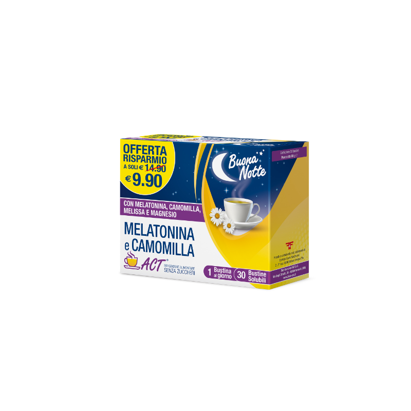Melatonina e Camomilla Act Integratore per Sonno 30 Bustine Melatonina e Camomilla Act Integratore per Sonno 30 Bustine