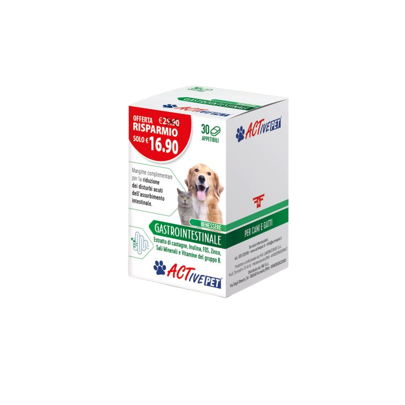 ActivePet Benessere Gastrointestinale Integratore Veterinario per Intestino Cani e Gatti 30 Compresse Appetibili