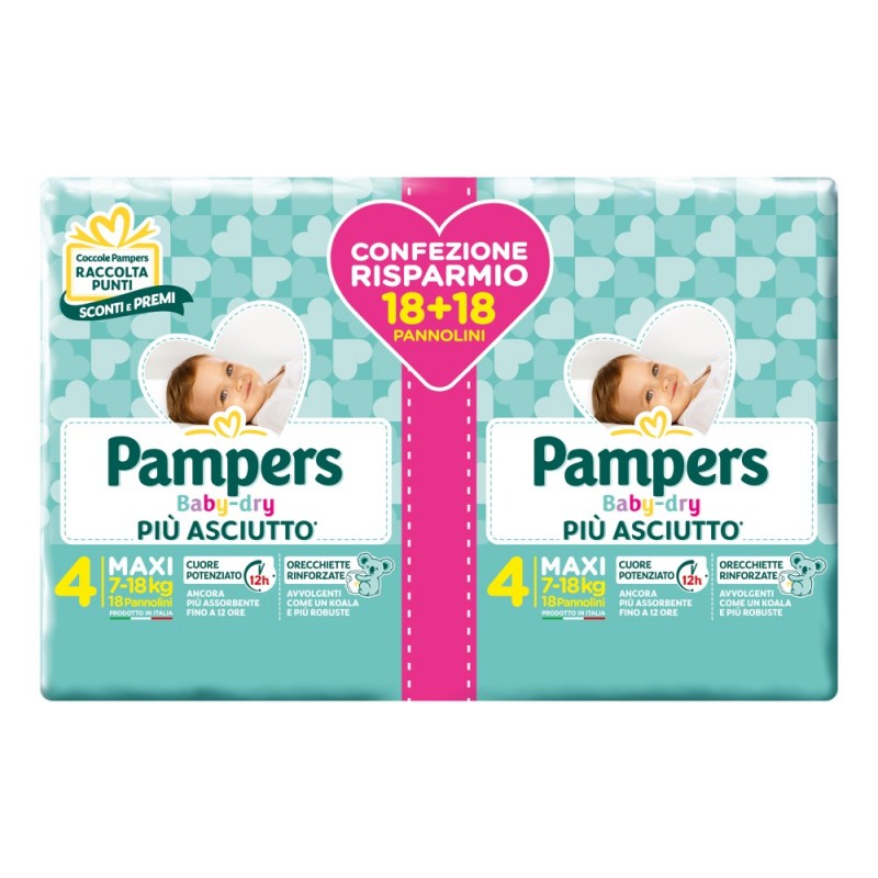 Pampers Baby Dry Maxi Confezione Doppia Pannolini Taglia 4 (7-18kg) 36 Pezzi