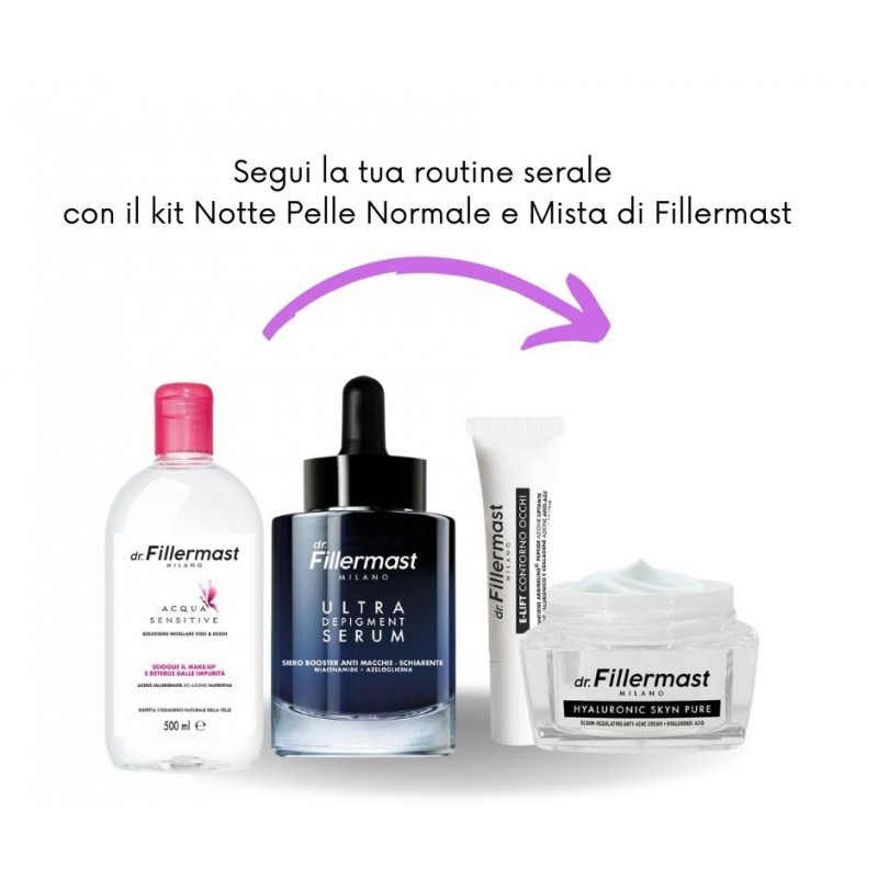 Dr. Fillermast Kit Notte Pelle Normale e Mista. Detergente, Siero, Contorno Occhi e Crema 4 Pezzi