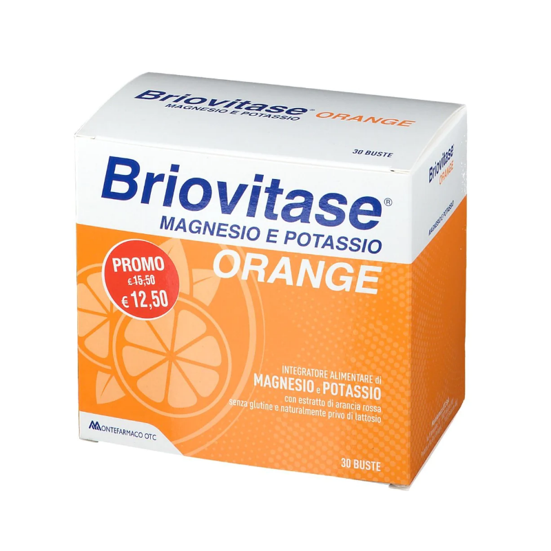 Confezione esterna di Briovitase Magnesio e Potassio Gusto Arancia 30 Bustine