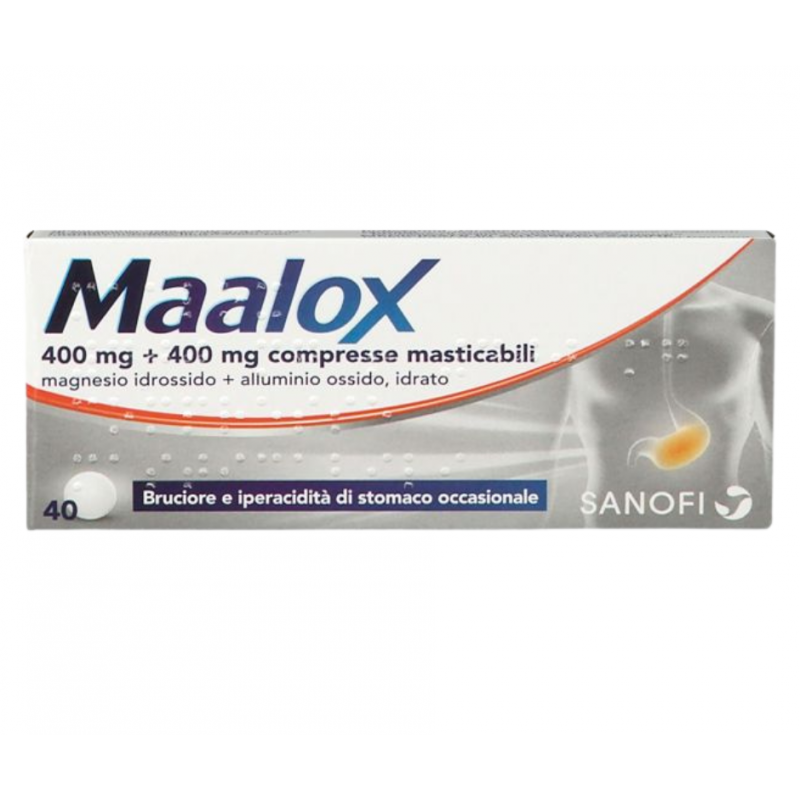 Maalox 40 Compresse Masticabili 400 mg + 400 mg per Acidità e Bruciore di Stomaco