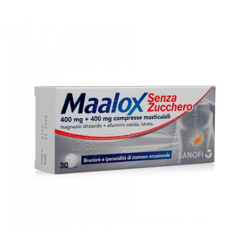 Maalox 30 Compresse Masticabili Senza Zucchero 400 mg + 400 mg per Acidità e Bruciore di Stomaco